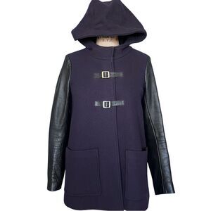 MAJE Wool & Leather Hooded Navy Blue Coat Size 36/S